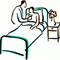 Clip art of a person in bed recieving water near a table with flowers