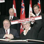 A photo of ministers signing the bilateral childcare agreement