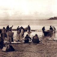 Nuu-chah-nulth people with dugout canoes on the West Coast of Vancouver Island.