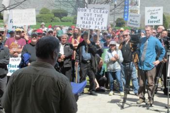 Rally to protect forests at NB Legislature, May 13, 2014, photo by Stephanie Merrill, NB Media Co-Op