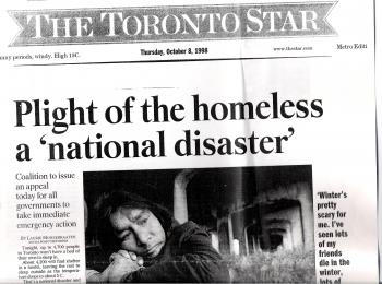 Toronto Star front page on October 8, 1998. Title: Plight of the homeless a 'national disaster'.